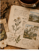Vintage illustrated field notebook surrounded by botanical observations