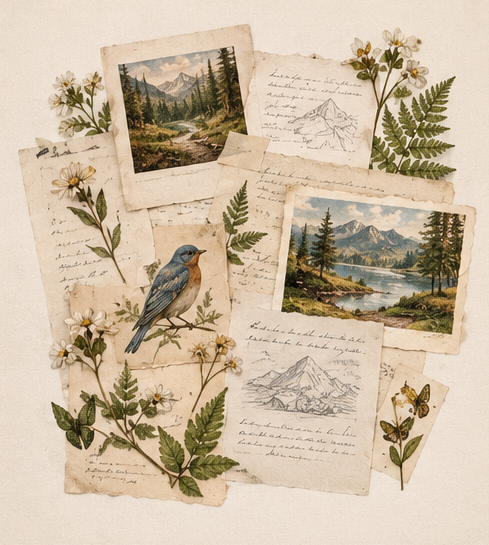 Vintage naturalist field journal collage with botanical studies and woodland details
